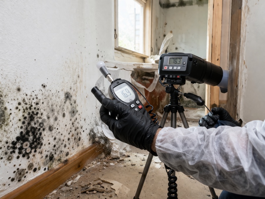 Mold inspector testing black mold on a wall in a damaged indoor room with monitoring equipment